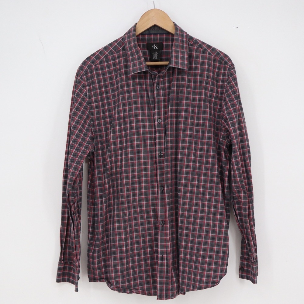 Calvin Klein Shirt Mens L Plaid Red Black Grey Long Sleeve Button-Down Excellent
